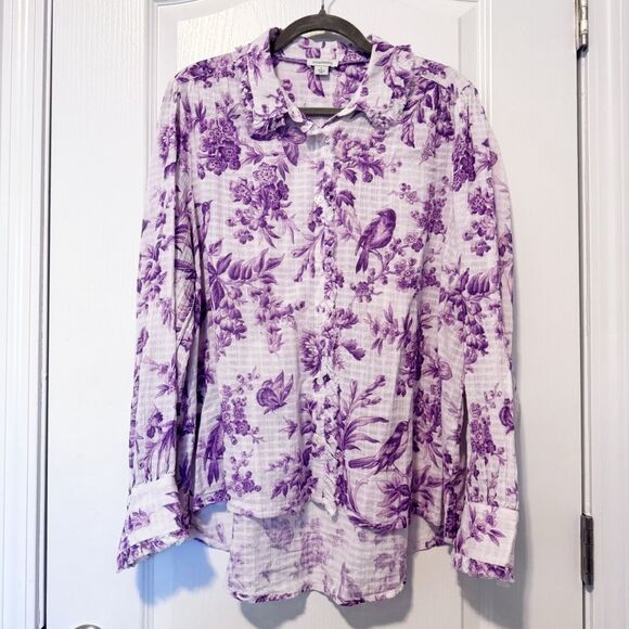 Sundance Chantilly Blooms Birds Novelty Print Cotton Gauze Button Down Shirt L - Picture 2 of 12